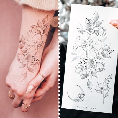 Temporary tattoo: peony, wildflower bouquet & floral moon