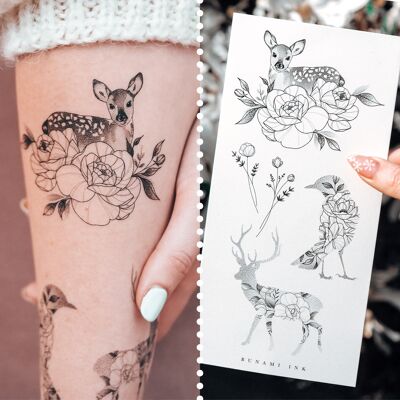 Temporary tattoo: floral deer, wildflowers & bird, temporary tattoos