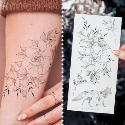 Temporary tattoo: big peony floral & fox, temporary tattoos