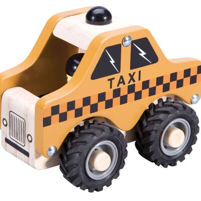 Taxi de madera con ruedas de goma.