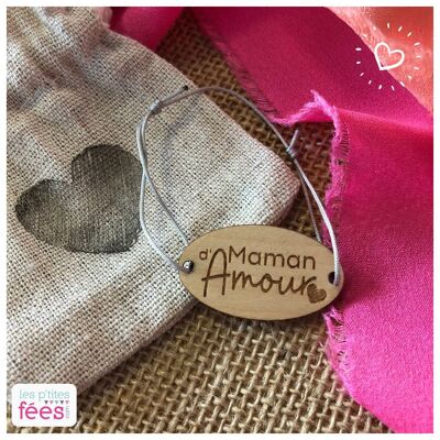 "Mama der Liebe" Holz Medaillon Armband (Schwangerschaft, Geburt, Kind, Familie, Muttertag)