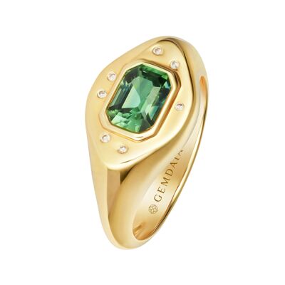 Anello Con Sigillo Con Zaffiro Verde E Diamanti - Oro 14Kt