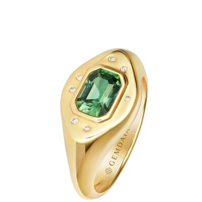 Chevalière Saphir Vert & Diamant - Or 14Kt