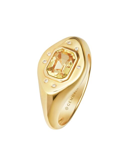 Yellow Sapphire & Diamonds Signet Ring - 14Kt Gold