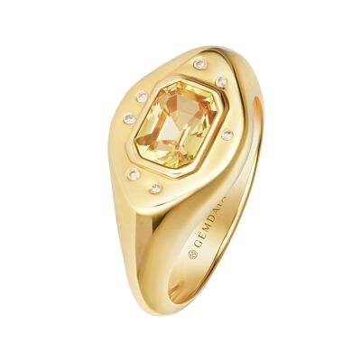 Yellow Sapphire & Diamonds Signet Ring - 14Kt Gold