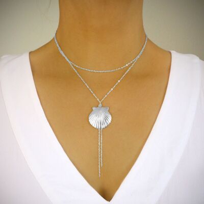 Collier Y coquillage double chaine argent