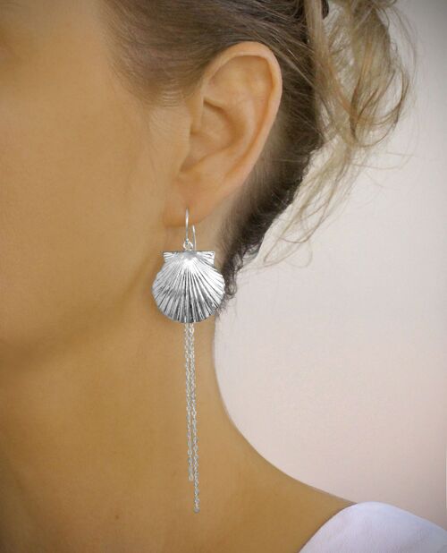 Long silver seashell earrings