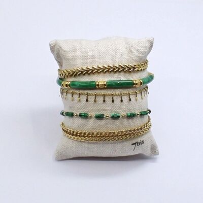 Best seller kit of 5 bracelets in gold and green steel