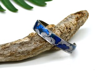 Bracelet jonc manchette motif wax ethnique fleur de mariage bleu, blanc en acier argent inoxydable 1
