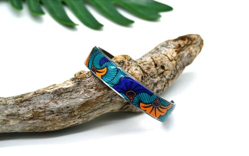 Bracelet jonc manchette motif wax ethnique fleur de mariage bleu, orange en acier argent inoxydable