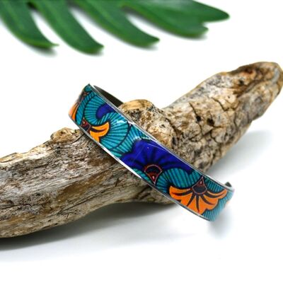 Bracelet jonc manchette motif wax ethnique fleur de mariage bleu, orange en acier argent inoxydable