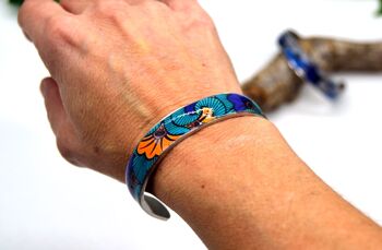 Bracelet jonc manchette motif wax ethnique fleur de mariage bleu, orange en acier argent inoxydable 2
