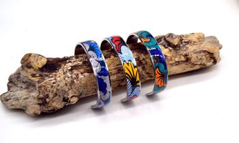 Bracelet jonc manchette motif wax ethnique fleur de mariage bleu, orange en acier argent inoxydable 3