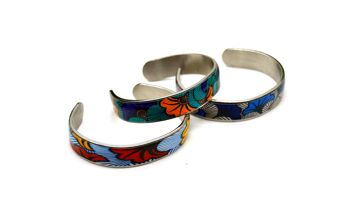 Bracelet jonc manchette motif wax ethnique fleur de mariage bleu, orange en acier argent inoxydable 4