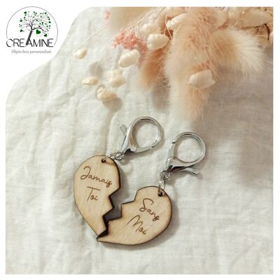 Engraved wooden heart key ring in 2 parts