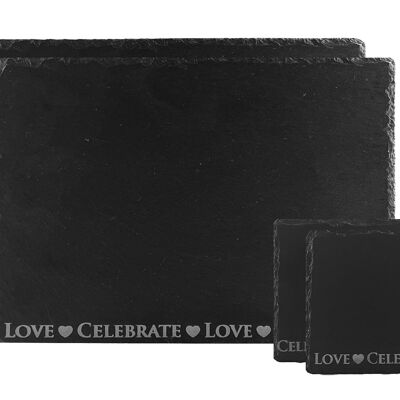 Schiefer-Untersetzer und Platzdeckchen-Set – Love & Celebrate