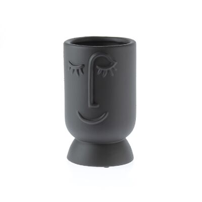 Ceramic vase on foot with face, 13 x 13 x 21.5 cm, black, 779671