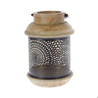 Lanterne en bois de manguier avec décoration en métal, Ø 15 x 23cm, naturel/noir, 777813