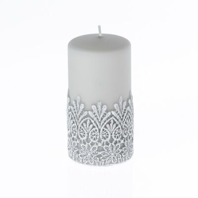 Pillar candle with lace decor, Ø 7 x 14 cm, grey, 777394