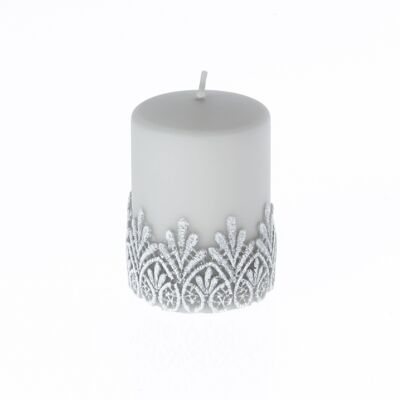 Pillar candle with lace decor, Ø 7 x 10 cm, grey, 777387