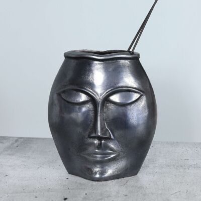 Aluminum vase with face wide, 25 x 15 x 27cm, antique silver, 776380