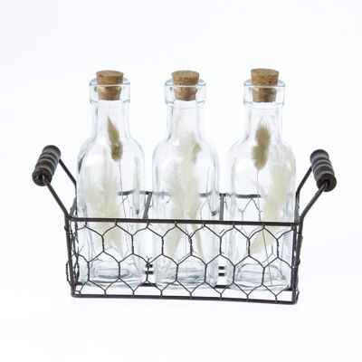 Glass bottle set with metal basket, 23.5 x 6.5 x 17.5 cm, clear, 775123