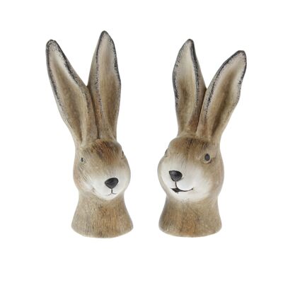 Ceramic rabbit head for standing, 2 assorted, 6.5 x 6.5 x 15 cm, brown, 772405