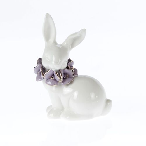 Keramik-Hase mit Blumenkette, 11,5 x7,5x16,5cm, weiß/violett, 770791