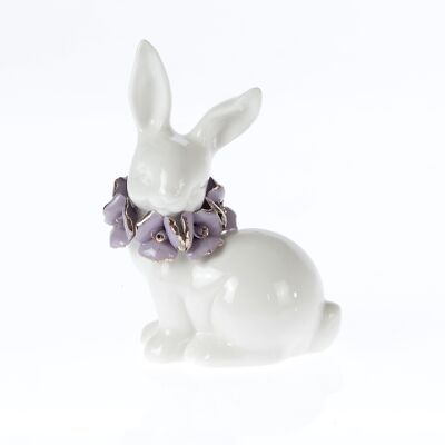 Ceramic bunny with flower chain, 11.5x7.5x16.5cm, white/purple, 770791