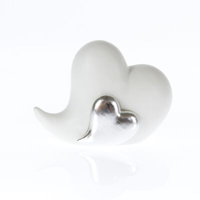 Doppio cuore in ceramica da appoggiare, 17 x 8 x 12,5 cm, bianco/argento, 770760