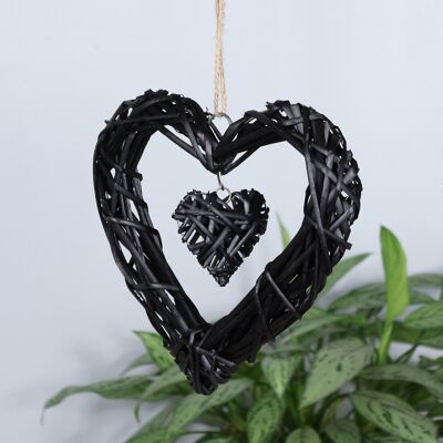 Rattan hanger heart in heart, 25 x 5 x 25 cm, black, 768385
