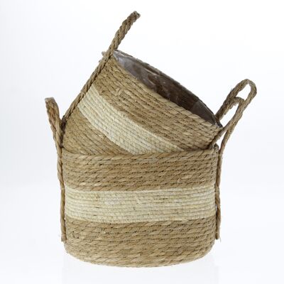 Straw basket set of 2 with handle, Ø 27x28cm / Ø 31x31cm, brown, 767654