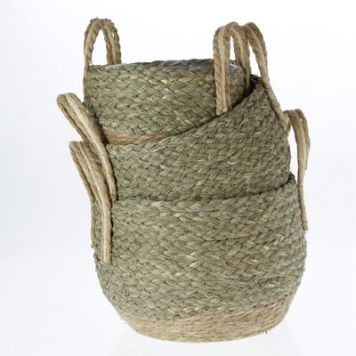 Straw basket set of 3 with handles, H: 22, 28, 32 cm, green/natural, 767470