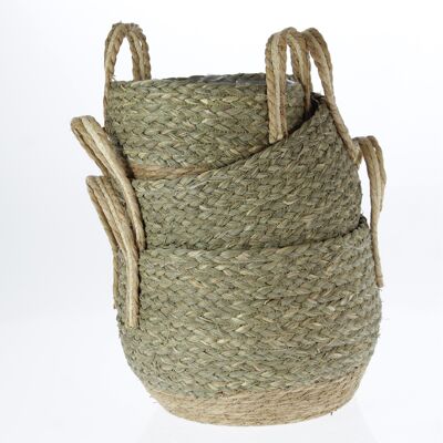 Juego de 3 cestas de paja con asas, A. 22, 28, 32 cm, verde/natural, 767470