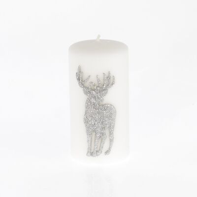 Pillar candle reindeer design, Ø 7 x 14 cm, white/silver, 765407