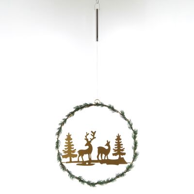 Metal reindeer in a circle to hang, 37 x 1 x 38cm, LED, 757730