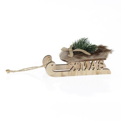 Wooden sled with fur XMAS, 14 x 5.5 x 3.5cm, brown, 755767