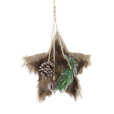 Wooden star with fur for hanging, 17 x 3 x 30cm, brown, 755750