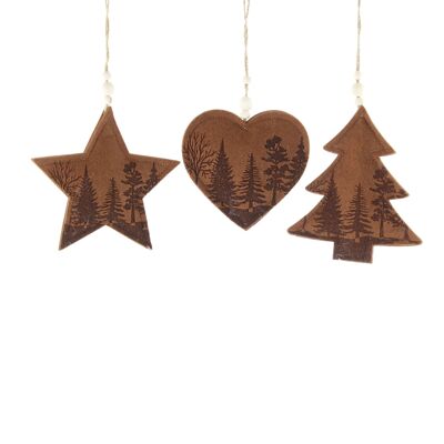 Felt hanger star/fir/heart, 14 x 2 x 13cm, brown, 755644