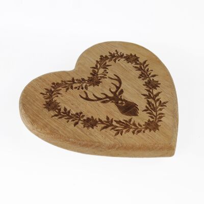 Corazón de madera de mango con diseño de reno, 15 x 2 x 15 cm, marrón, 750922