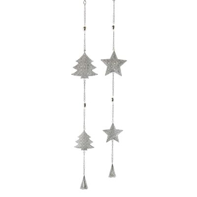 Metal hanging chain star/fir tree, 9x0.5x65cm, antique silver assorted, 750243
