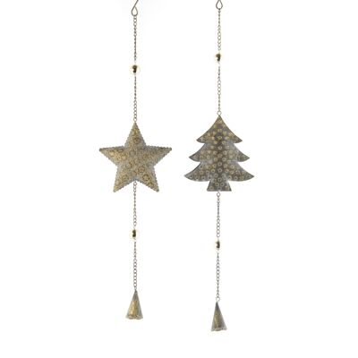 Metal hanger star/fir sort, 11 x 0.5 x 54 cm, antique gold, 750205