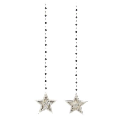 Wooden star with pearl chain for hanging, 10.5x0.5x62cm white/silver, 2-assorted, 748516