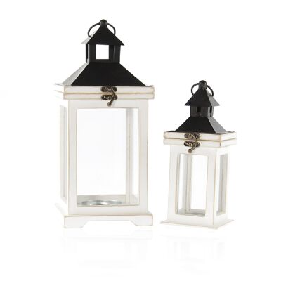 Wooden lantern set of 2, 10x25/15.5x35 cm, black/white, 747885