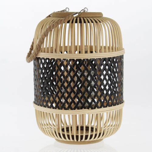 Rattan-Laterne mit Metalldekor, 27 x 27 x 38 cm, schwarz/natur, 747625