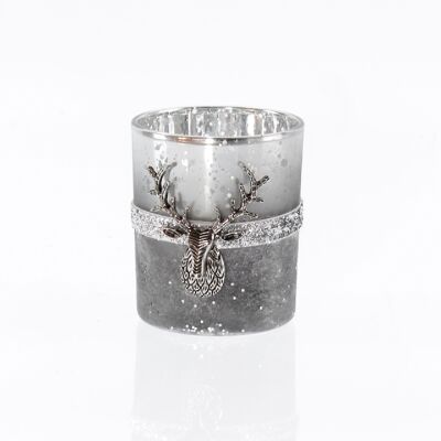 Farol de cristal con cabeza de ciervo, 7 x 7 x 8 cm, negro/plata, 747083