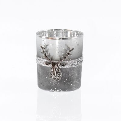 Lanterne en verre avec tête de cerf, 7 x 7 x 8 cm, noir/argent, 747083