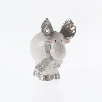 Alce in ceramica con sciarpa, 16 x 10 x 18,5 cm, bianco/argento, 747021