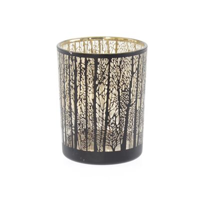 Lanterne en verre motif forêt, 10 x 10 x 12,5 cm, noir/or, 746178
