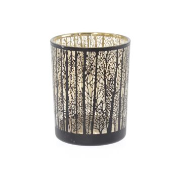 Lanterne en verre motif forêt, 10 x 10 x 12,5 cm, noir/or, 746178 1
